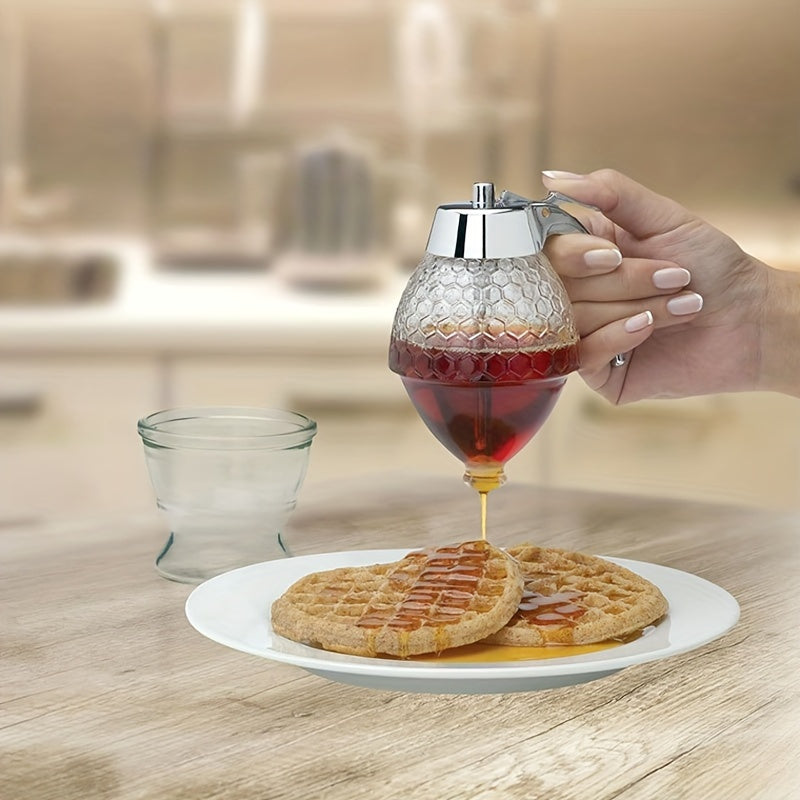 Honeycomb-Patterned Honey Dispenser with Metal Spout - Non-Spill Pouring, Space-Saving Kitchen Countertop Organizer - for Honey, Syrup, Sauce, Spices - Easy-Pour Design, Food-Safe Plastic Construction - Ideal for Home, Restau