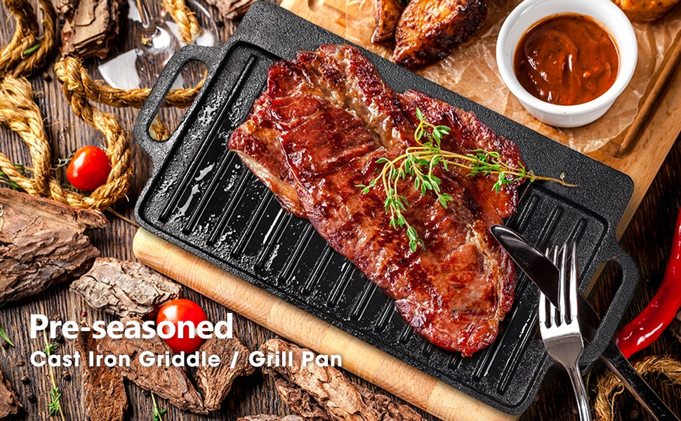 Heavy Duty Reversible Cast Iron Griddle Grill Pan - Double-Sided 21.25x9.44 Inch Single Burner Cookware with Smooth & Ridged Surfaces, Easy-Grip Handles for Stovetop, Oven, Campfire - Perfect for Pancakes, Steak, Burgers, Out