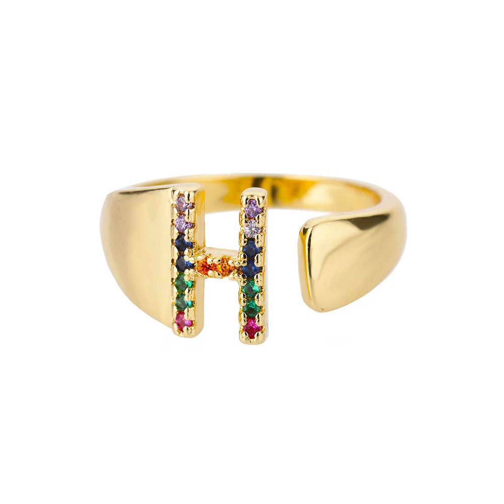 Fashion Micro-set Colored Zirconium 26 English Letters Adjustable Open Ring
