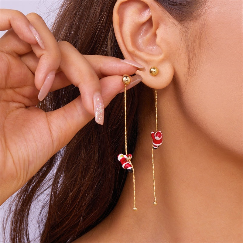 Crawling Santa Tassel Long Asymmetric Snowflake Earrings