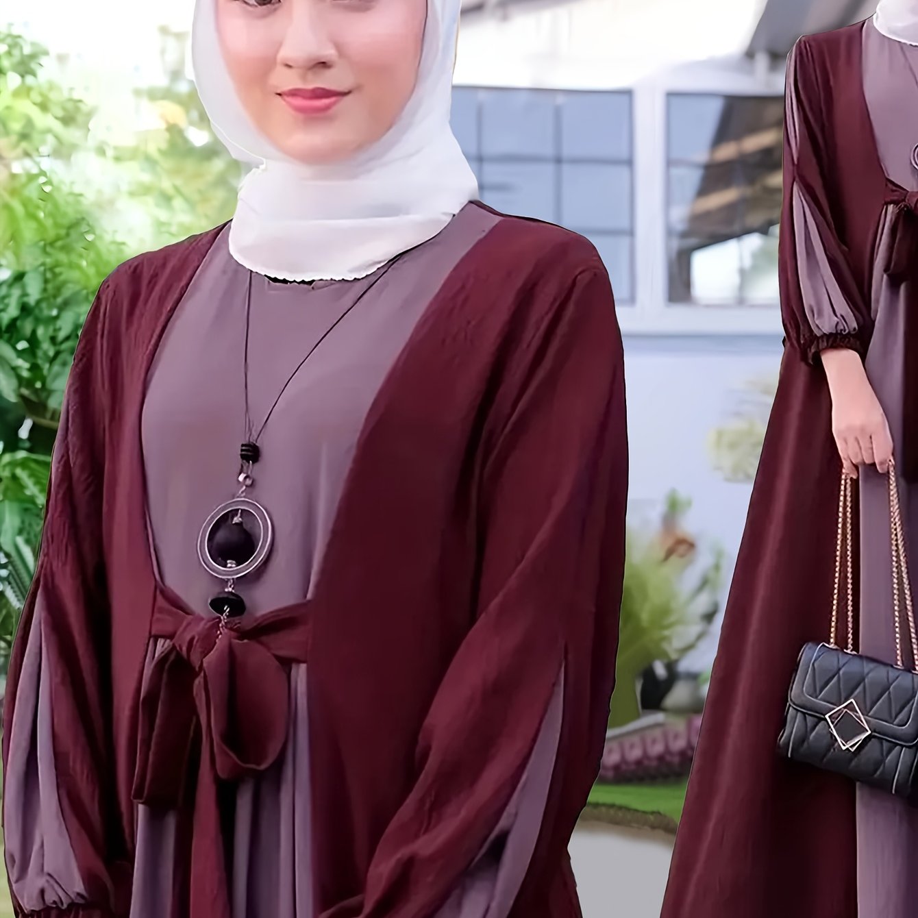 [Elegant Dress] Elegant Women's Dress - Maroon & Gray Color Block, Long Sleeveless Maxi with Tie-Waist Detail | Stylish Maxi Dress | Flowing Gown, Perfect for Spring/Summer/Fall, Cultural Wear
