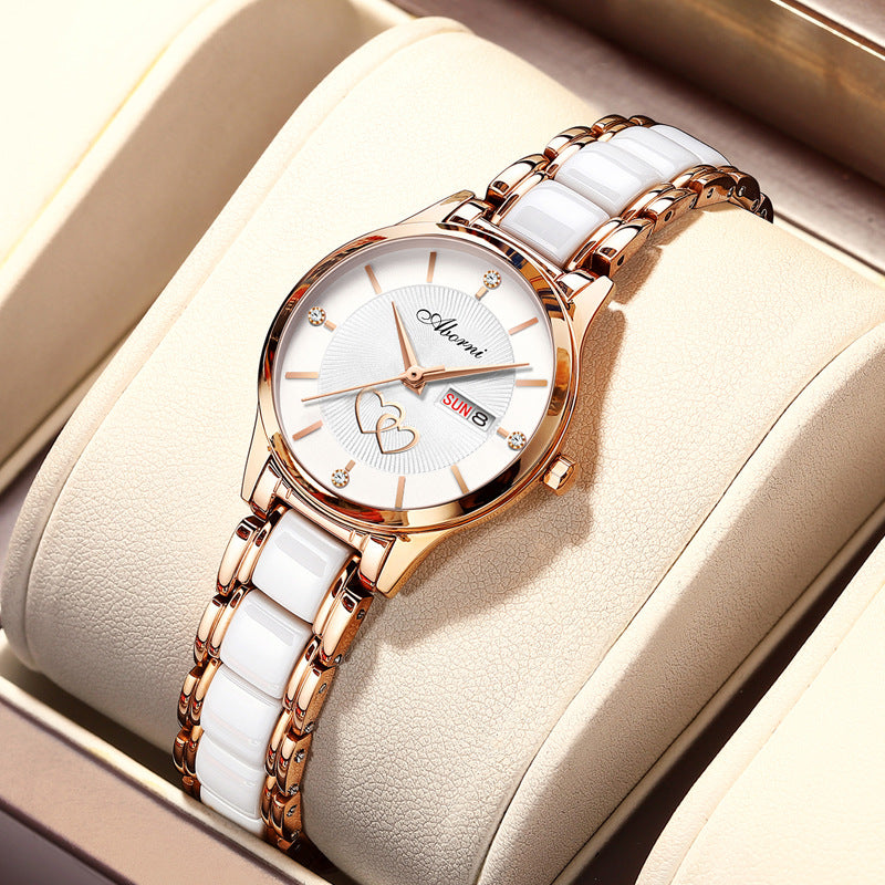 Women's watch with dual calendar, luxurious style, ceramic quartz