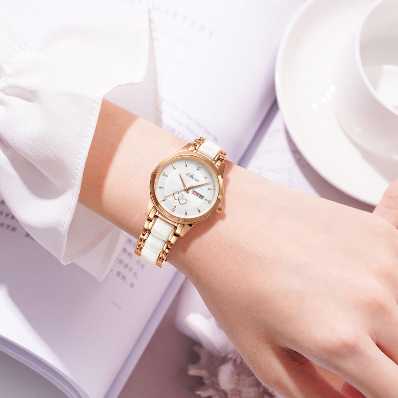 Women's watch with dual calendar, luxurious style, ceramic quartz