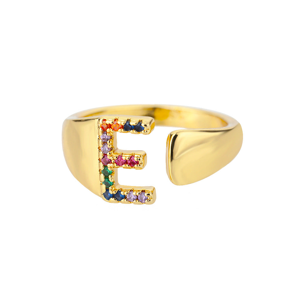 Fashion Micro-set Colored Zirconium 26 English Letters Adjustable Open Ring