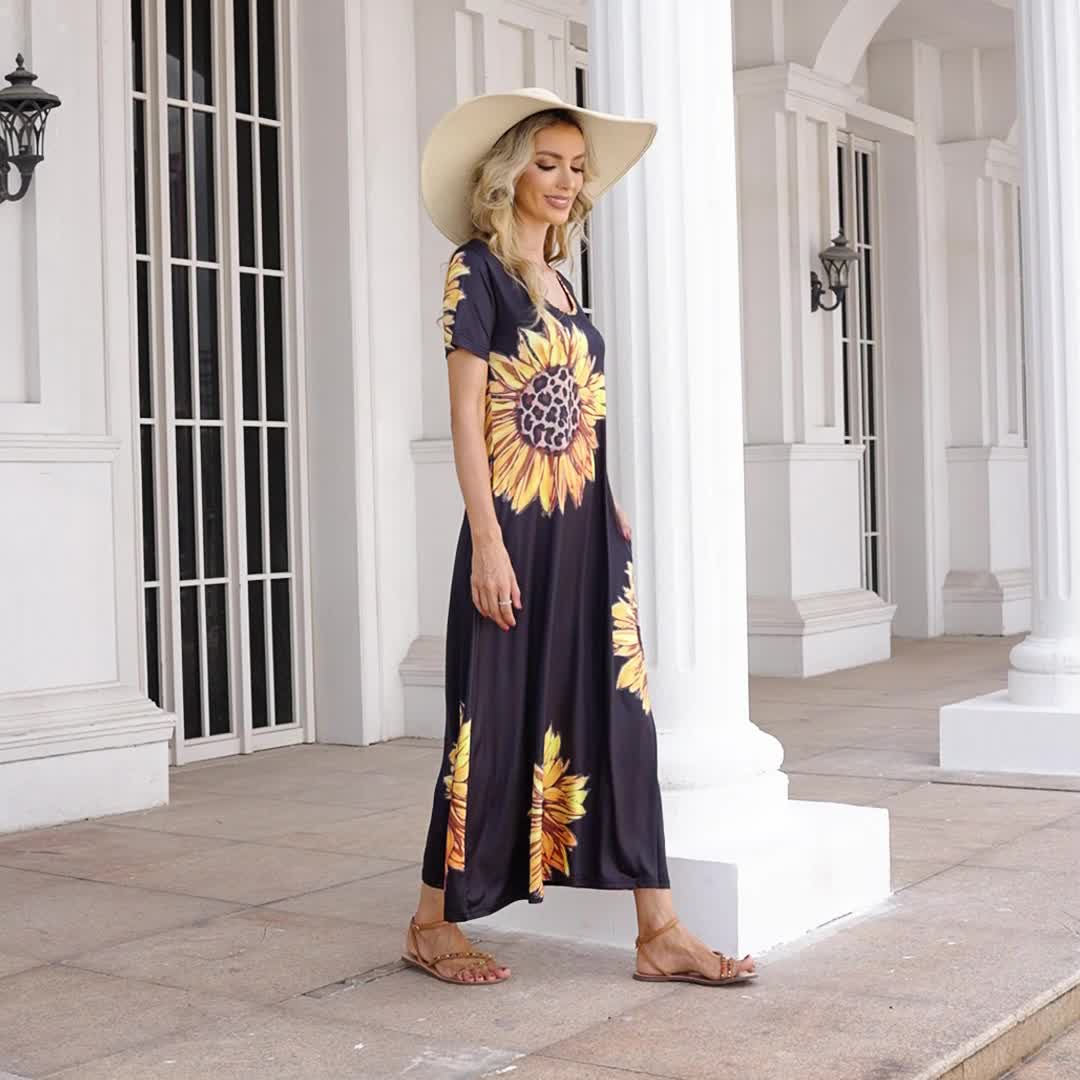 [Sunflower Print Dress] Sunflower Print Women's Dress | Casual Vacation Style, Round Neckline with Wide Opening, Loose Short Sleeve Maxi Skirt