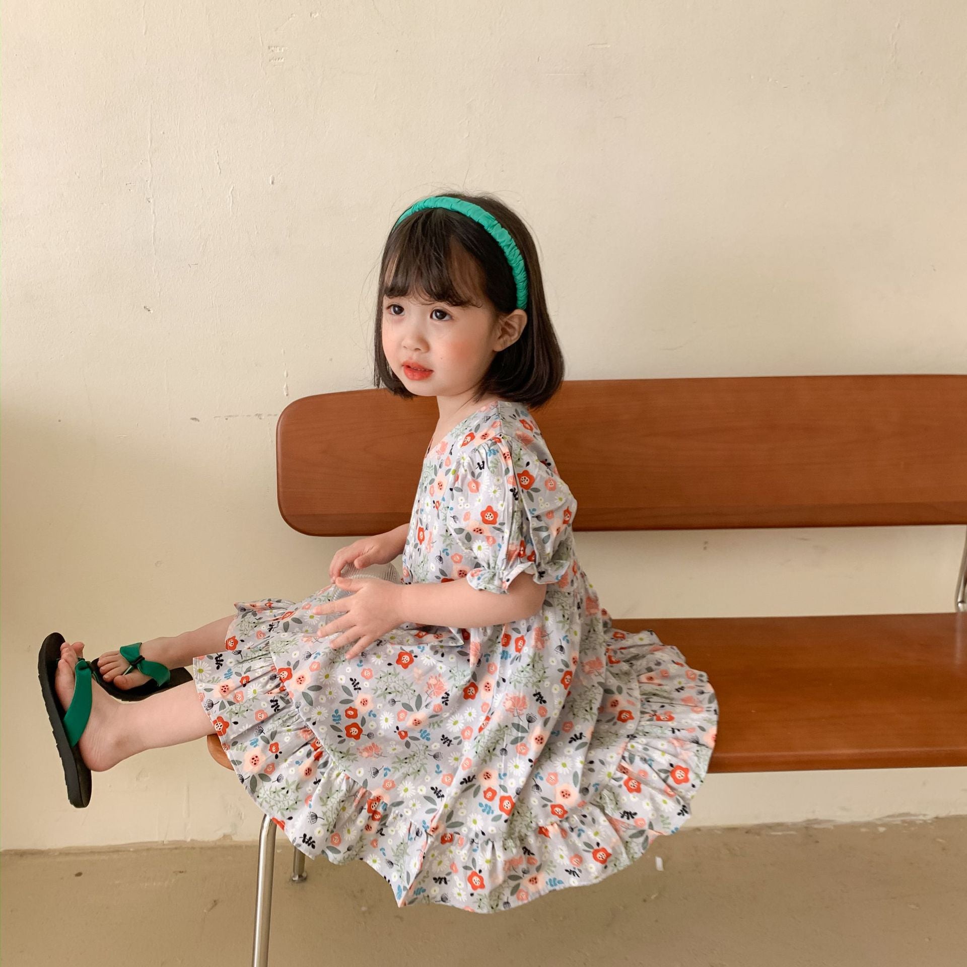 Girls Summer Short Sleeve Flower Print Dress