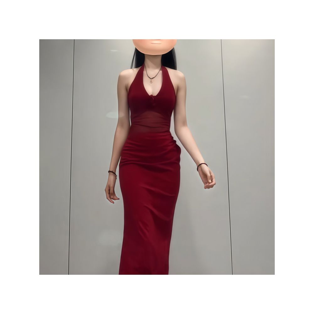 Instahot French mesh patchwork open waist red dress with V neck floral temperament and sexy slim fit long skirt image 2