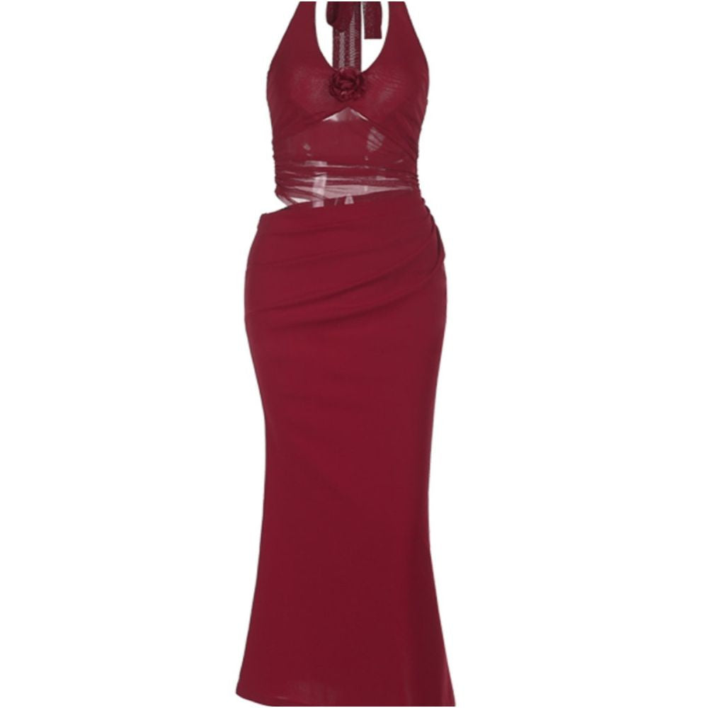 Instahot French mesh patchwork open waist red dress with V neck floral temperament and sexy slim fit long skirt image 5