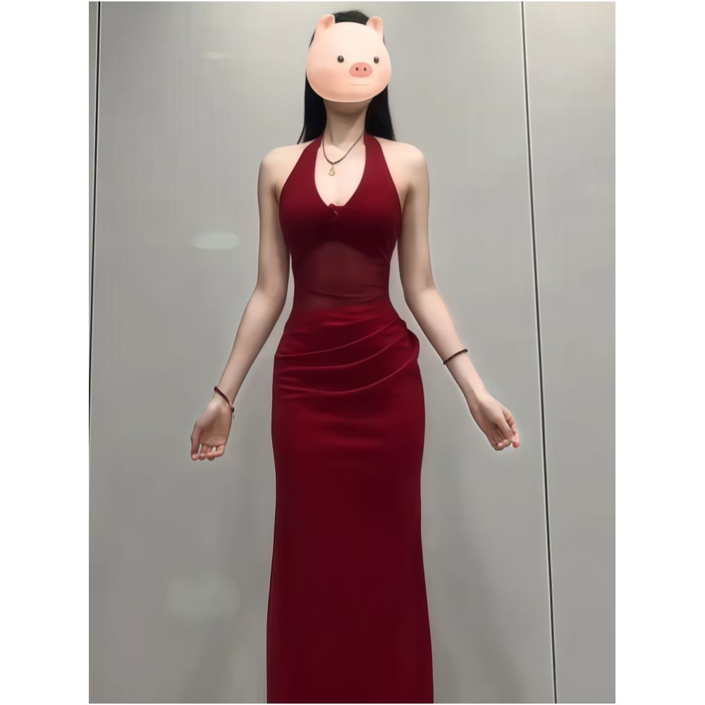 Instahot French mesh patchwork open waist red dress with V neck floral temperament and sexy slim fit long skirt