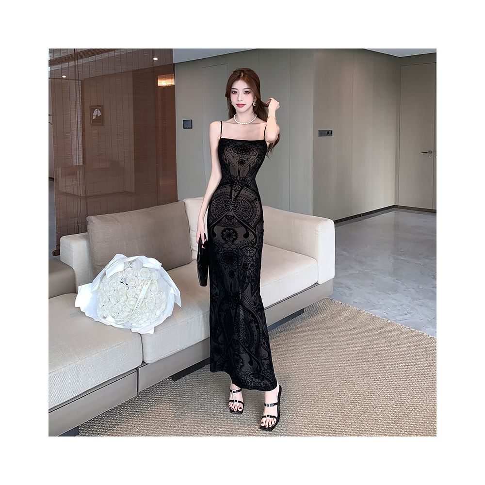 Plush printed mesh suspender long skirt with hip wrap to show off figure women s 2025 new summer light luxury and high end feeling image 2