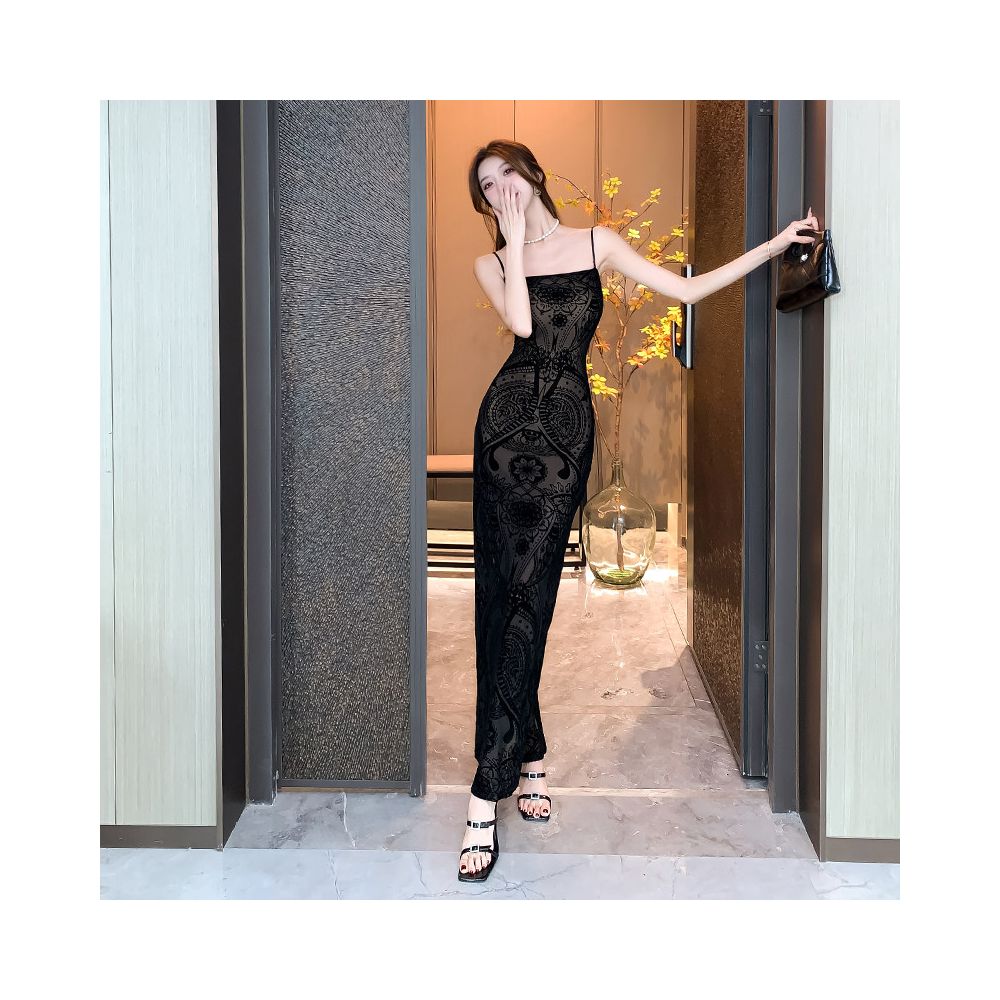 Plush printed mesh suspender long skirt with hip wrap to show off figure women s 2025 new summer light luxury and high end feeling image 4
