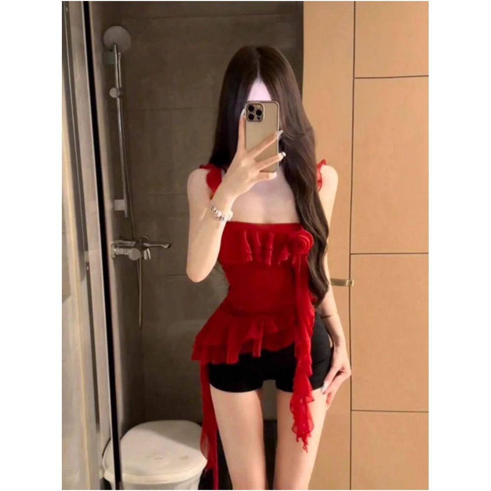 Pure Desire Style Spicy Girl Design Feel Drift Belt Mesh Strap Tank Top Irregular Sleeveless Top Shorts Set for Women Summer image 0