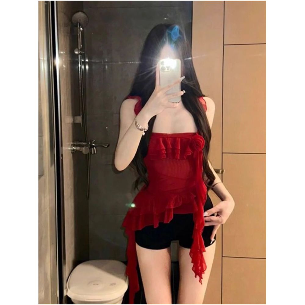 Pure Desire Style Spicy Girl Design Feel Drift Belt Mesh Strap Tank Top Irregular Sleeveless Top Shorts Set for Women Summer