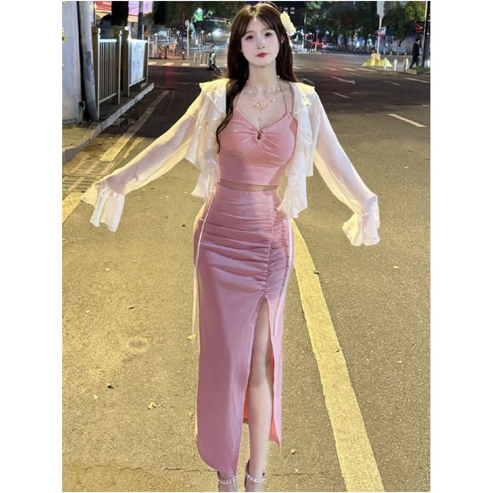 Pure Desire Hot Girl Sexy Sunscreen Set Skirt Women s Summer Dress Design Sense Strap Top Split Hip Wrapping Skirt Three Piece Set image 0