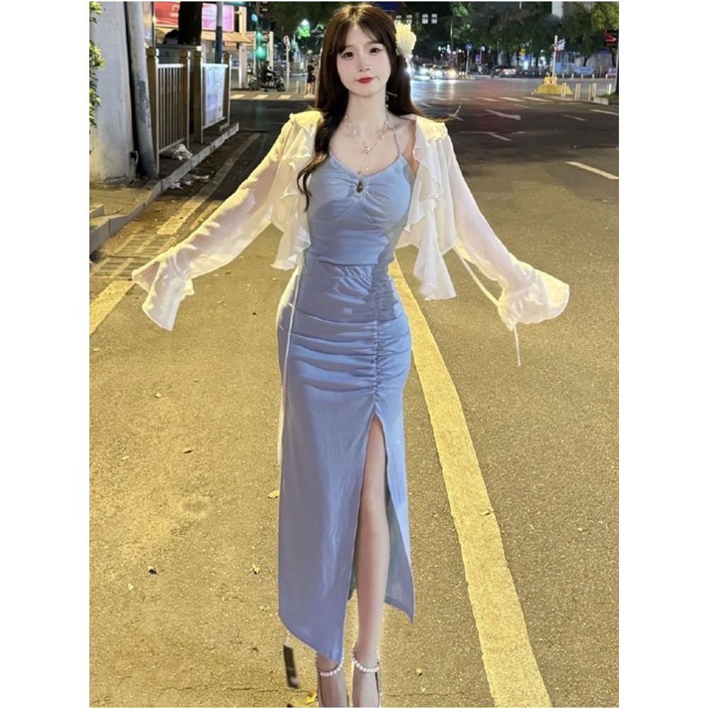 Pure Desire Hot Girl Sexy Sunscreen Set Skirt Women s Summer Dress Design Sense Strap Top Split Hip Wrapping Skirt Three Piece Set image 2