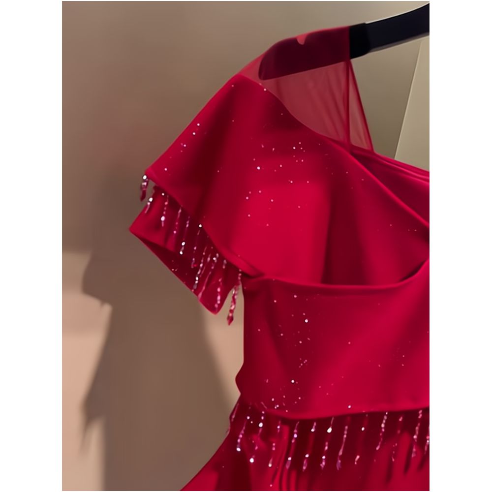 Chic and elegant pleated top with exquisite tassels and beads slimming red summer short sleeved T shirt for women image 1