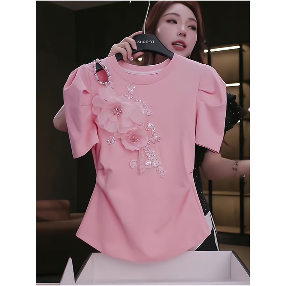 French Romantic 3D Rose Short Sleeve T Shirt for Women 2025 Summer New Style Sweet and Elegant Design Top image 0