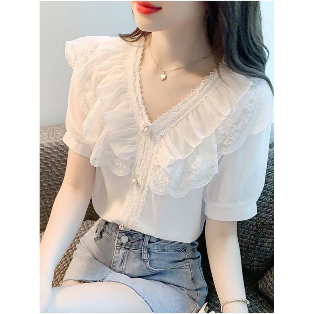 2024 Summer New Arrival Sweet and Elegant Lace Ruffled V Neck Bubble Short Sleeve White Chiffon Blouse Two Piece Set image 0