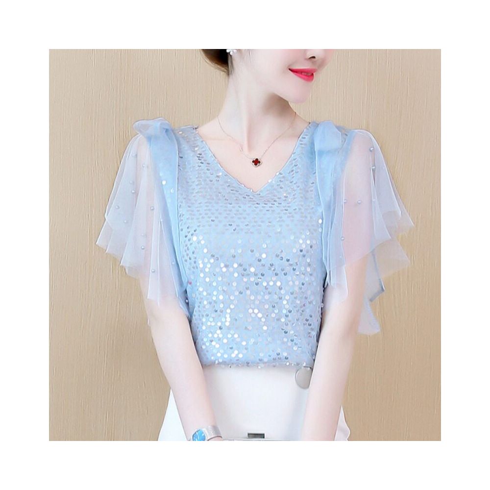 Sequined T shirt for women short sleeved stylish and flowy chiffon blouse V neck loose fit gentle and mature style super fairy like image 0
