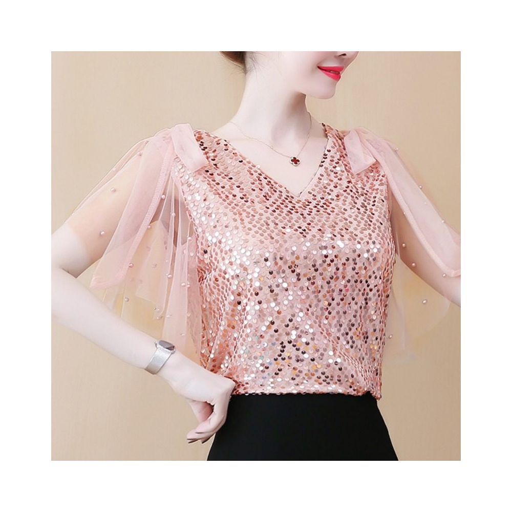 Sequined T shirt for women short sleeved stylish and flowy chiffon blouse V neck loose fit gentle and mature style super fairy like image 2