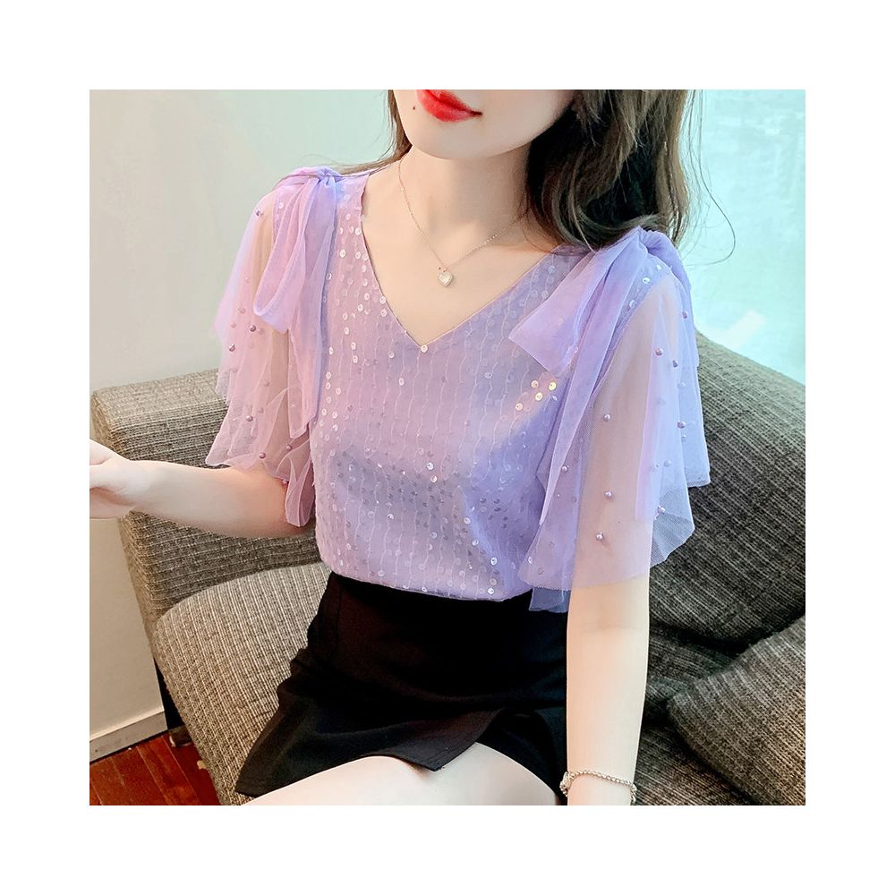 Sequined T shirt for women short sleeved stylish and flowy chiffon blouse V neck loose fit gentle and mature style super fairy like image 3