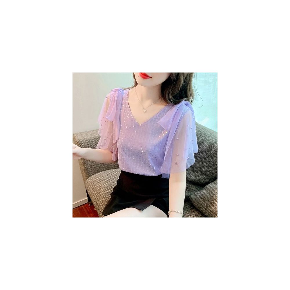 Sequined T shirt for women short sleeved stylish and flowy chiffon blouse V neck loose fit gentle and mature style super fairy like