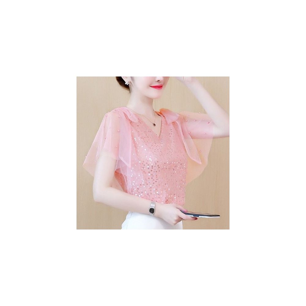 Sequined T shirt for women short sleeved stylish and flowy chiffon blouse V neck loose fit gentle and mature style super fairy like