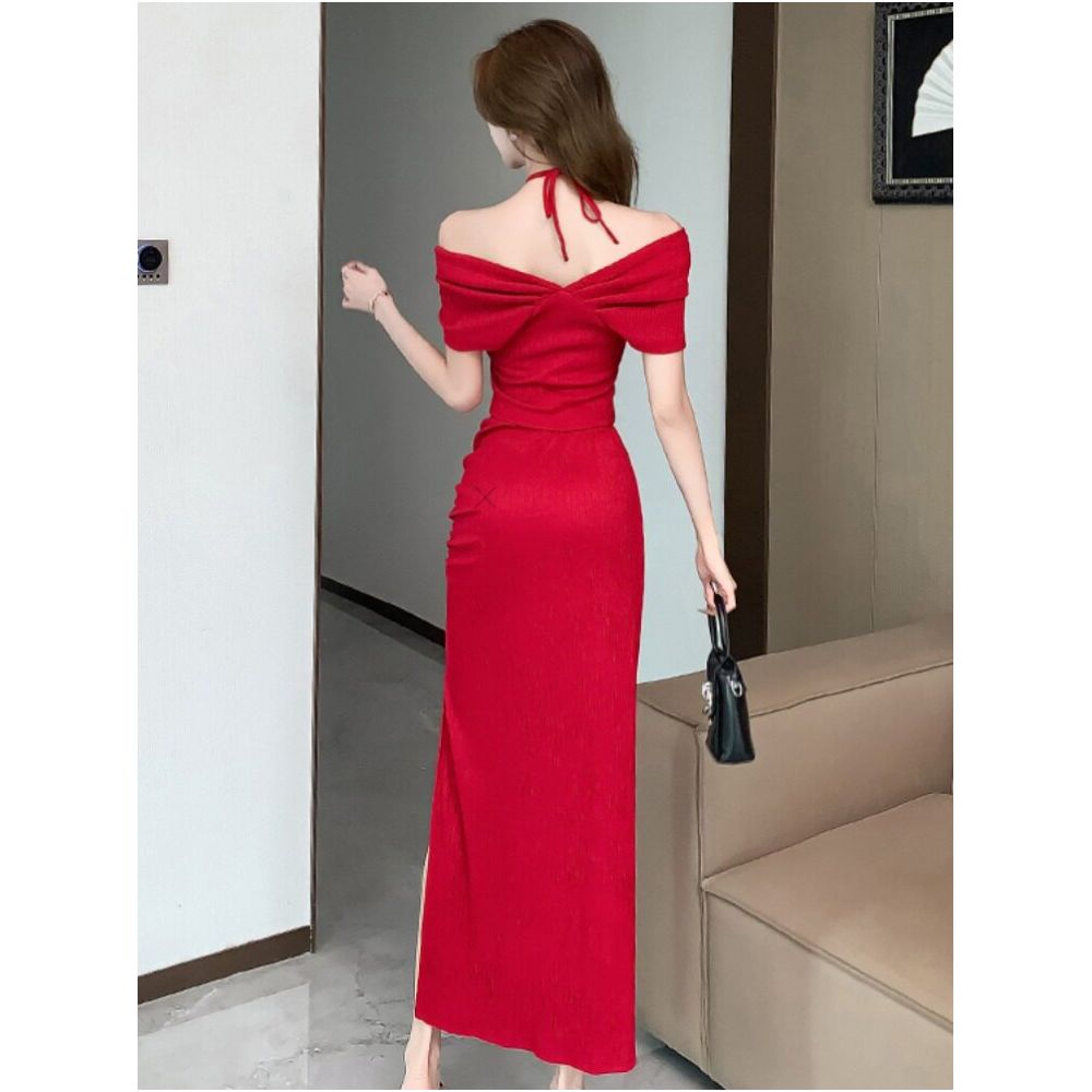 High end elegant two piece set for summer floral halter neck off shoulder fitted top and slit skirt image 4
