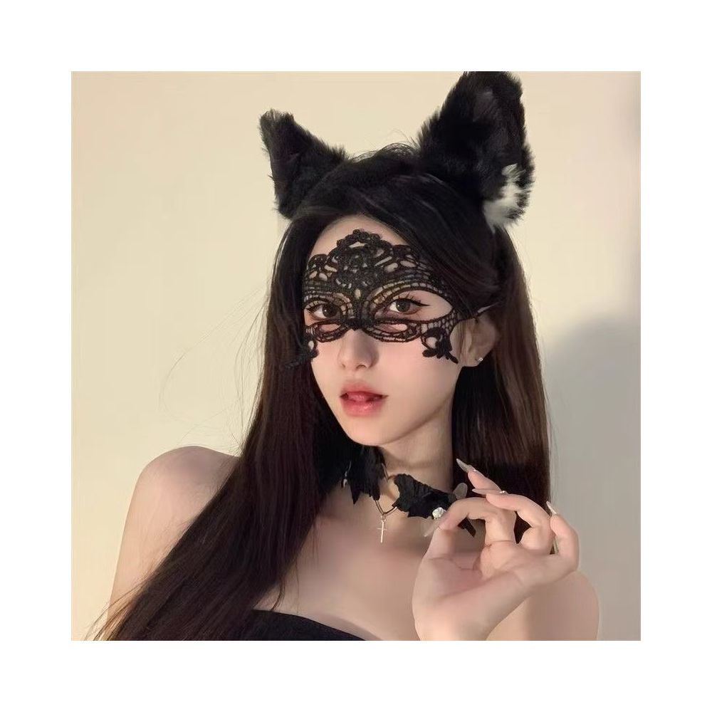 Black lace sexy cat ear headband restrained eye mask face covering mesh couple headpiece hair accessory women s accessory image 0
