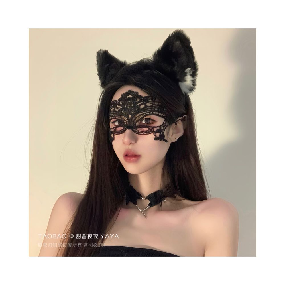 Black lace sexy cat ear headband restrained eye mask face covering mesh couple headpiece hair accessory women s accessory
