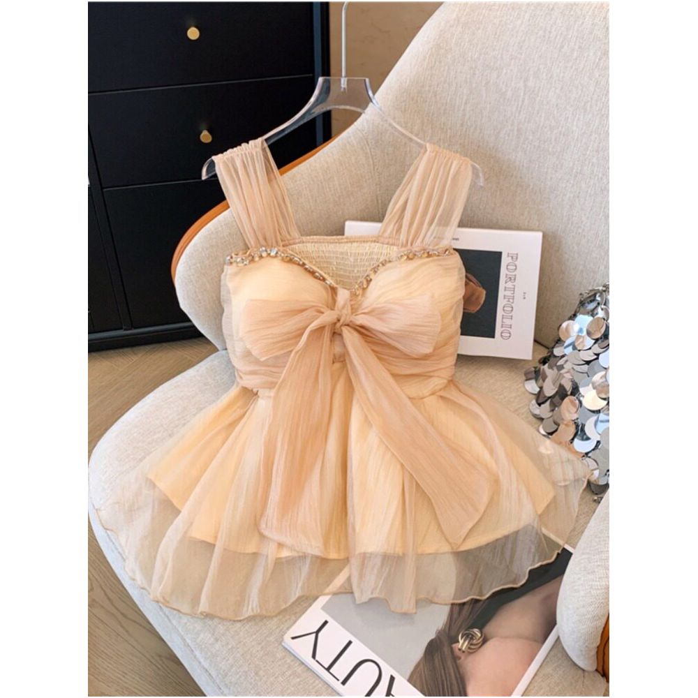 French style heavy duty rhinestone embellished chiffon camisole for women summer style sweet bow padded bra sleeveless skirt top image 2