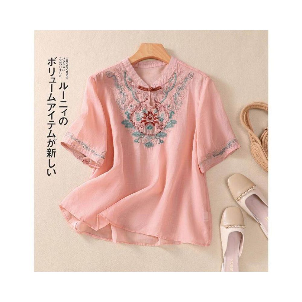 New Chinese style Zen embroidered short sleeved shirt for women summer wear mother s style fashionable loose fit casual thin retro image 0