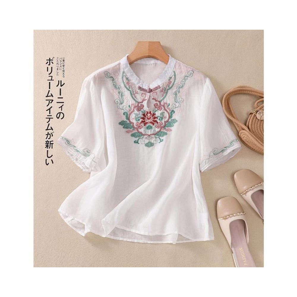 New Chinese style Zen embroidered short sleeved shirt for women summer wear mother s style fashionable loose fit casual thin retro image 1