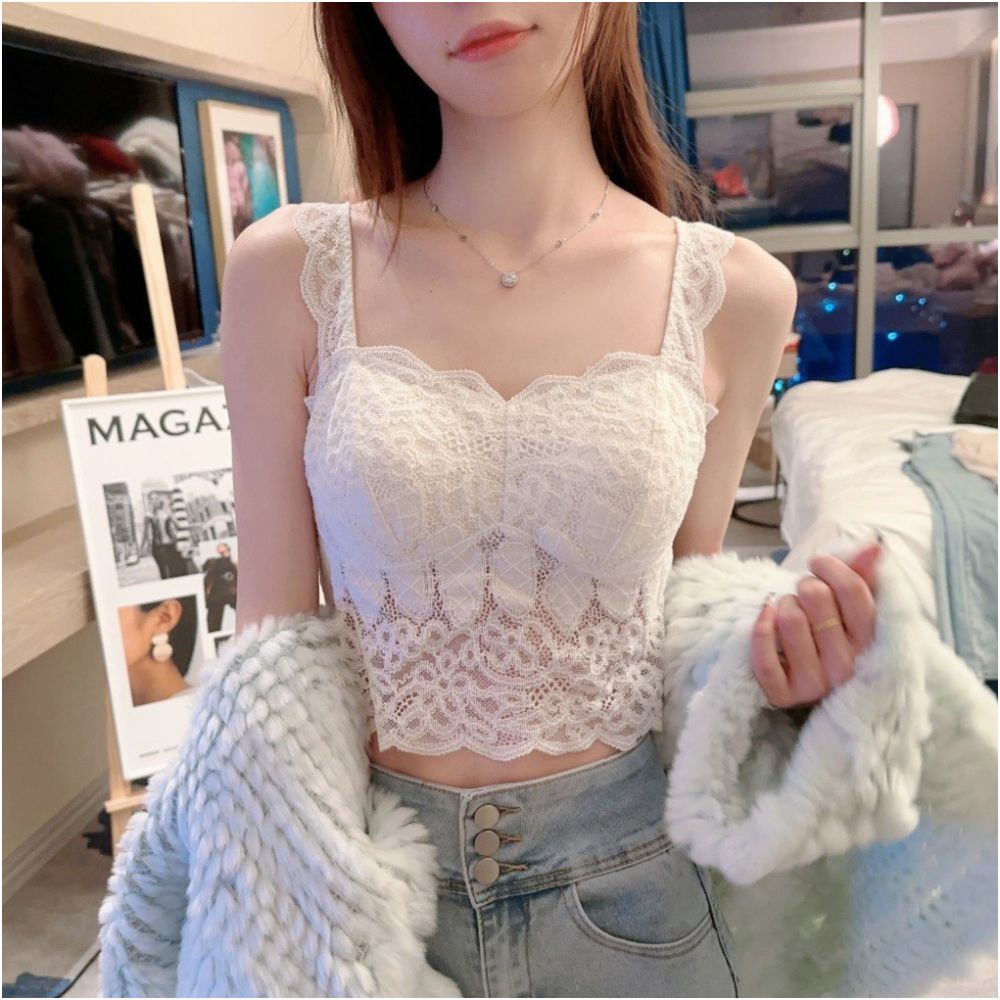 White pure desire small camisole vest for women with chest cushion for inner and outer wear lace backless base short sleeveless top for summer image 0