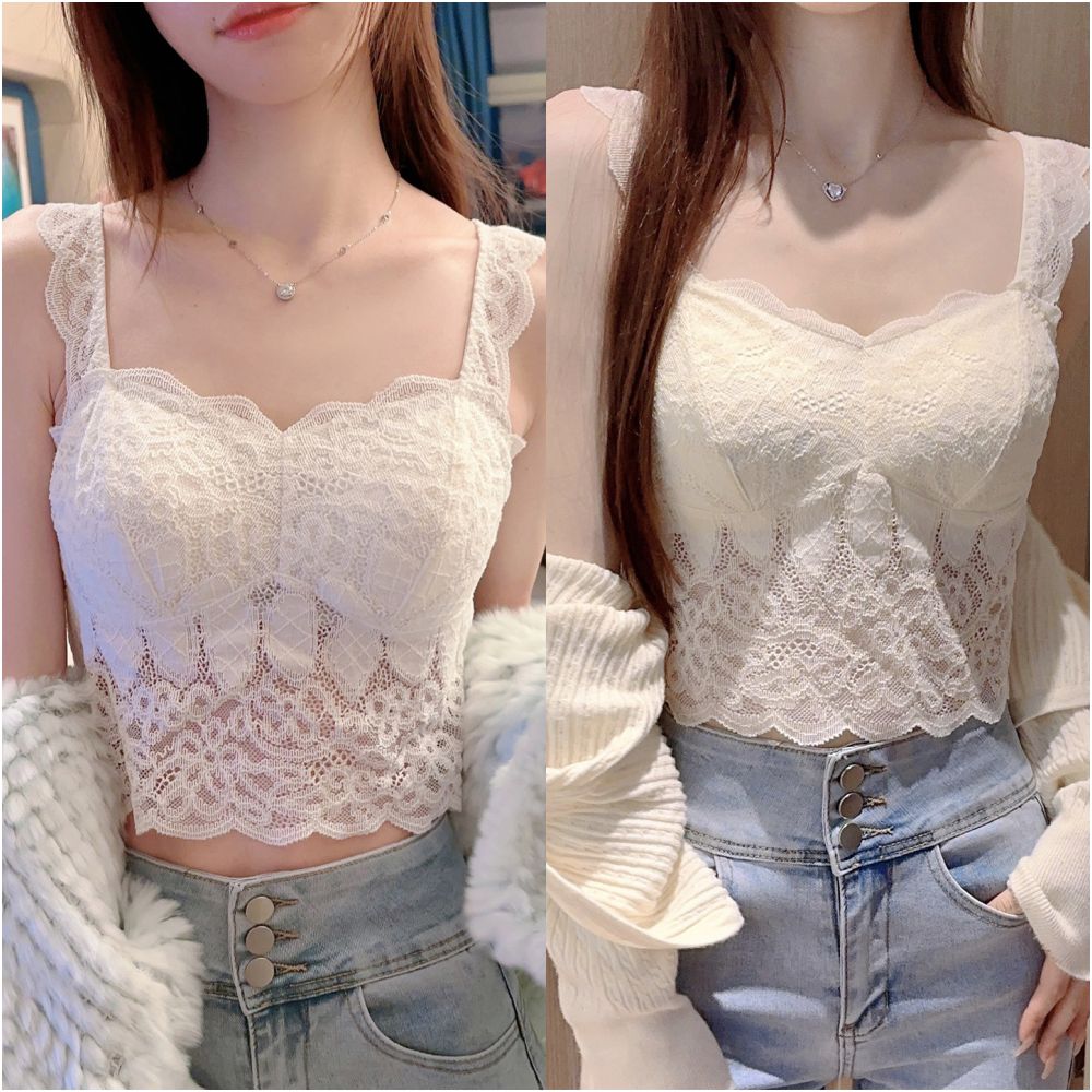 White pure desire small camisole vest for women with chest cushion for inner and outer wear lace backless base short sleeveless top for summer
