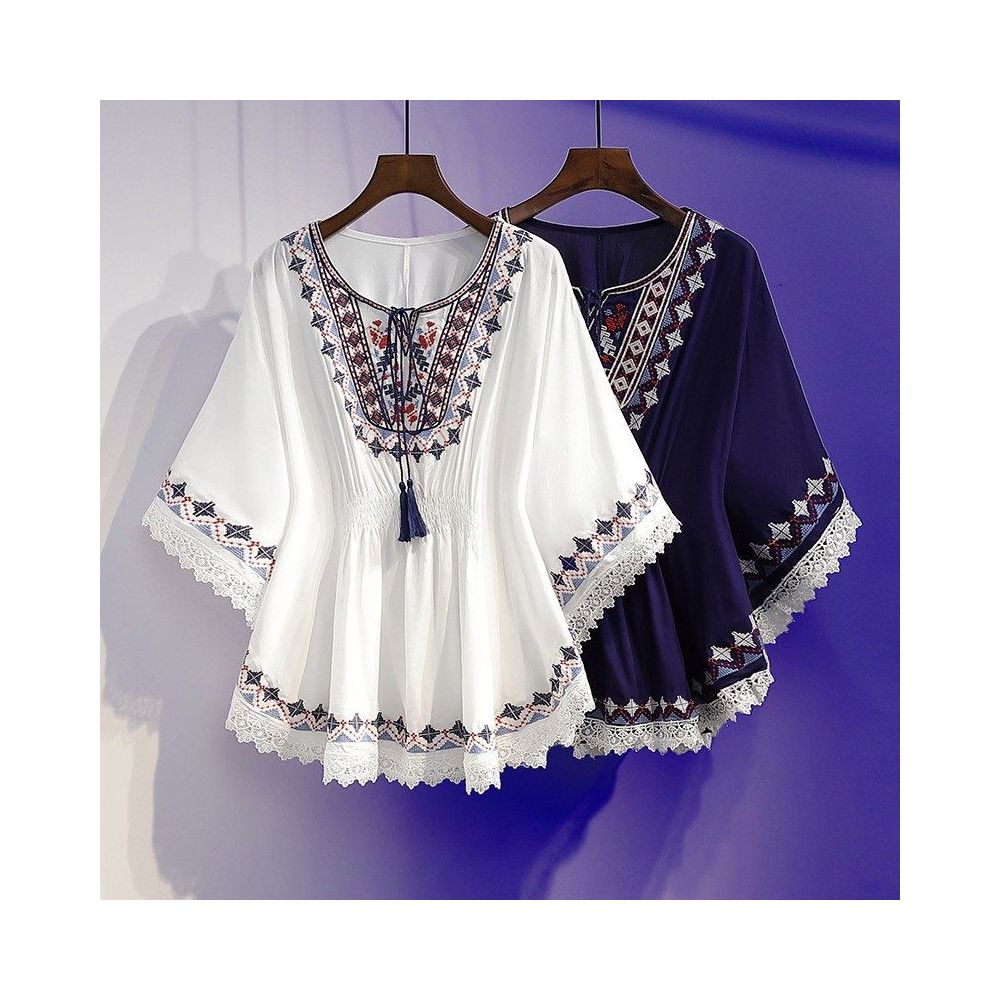 Retro printed T shirt for women loose and slimming covering the belly chiffon shirt Bohemian tassel ethnic style top trendy image 0