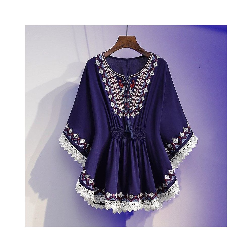Retro printed T shirt for women loose and slimming covering the belly chiffon shirt Bohemian tassel ethnic style top trendy