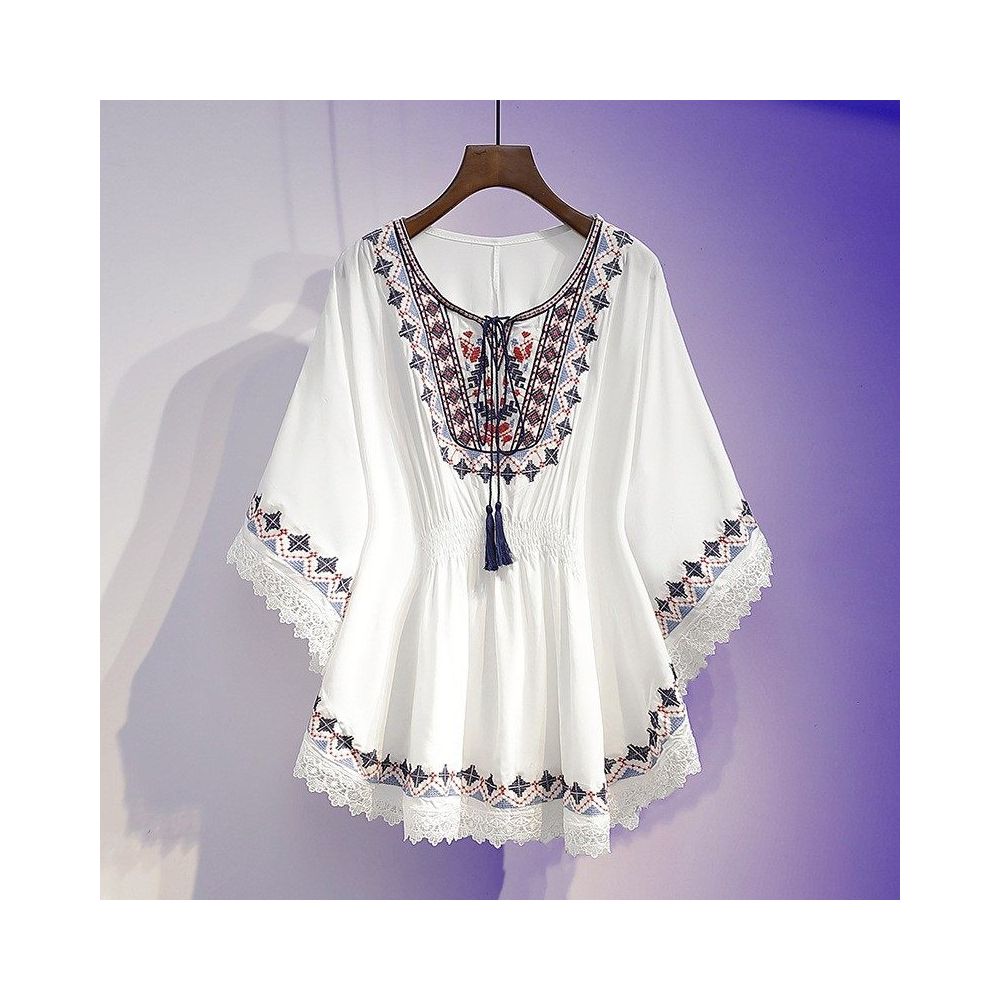 Retro printed T shirt for women loose and slimming covering the belly chiffon shirt Bohemian tassel ethnic style top trendy