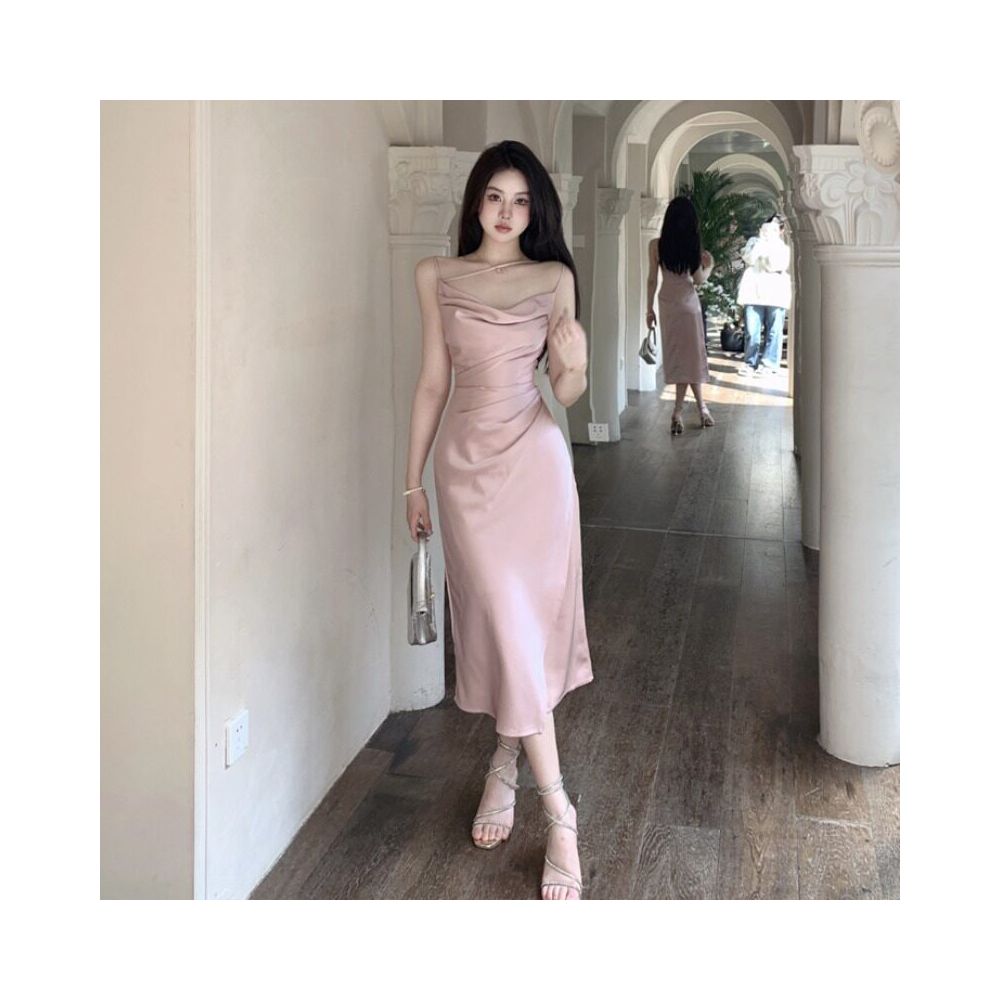 French acetate satin camisole dress for women s morning spring wear 2025 new style sexy swing collar slit holiday long dress for summer image 5
