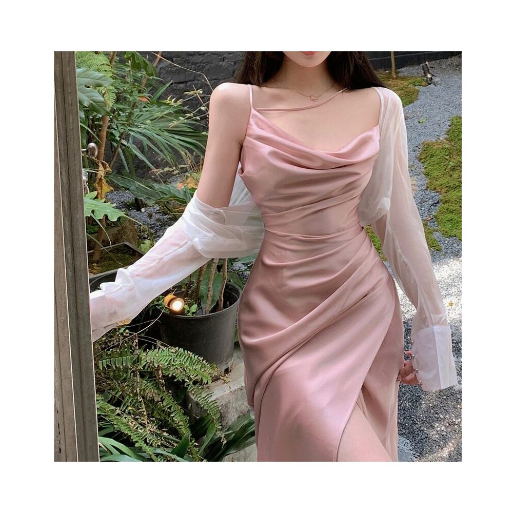 French acetate satin camisole dress for women s morning spring wear 2025 new style sexy swing collar slit holiday long dress for summer image 0
