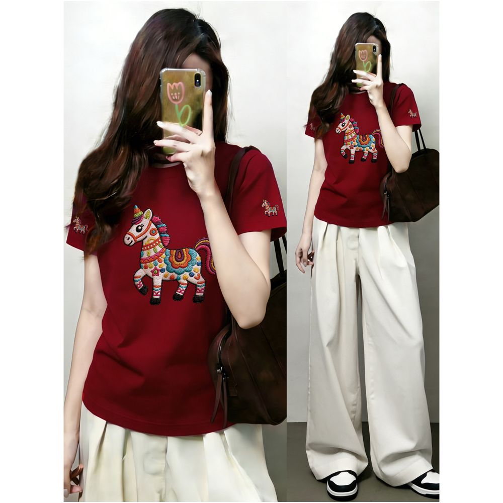 Large size women s 2026 summer new item belly covering round neck fat mm slimming New Year s red pony shoulder short sleeved t shirt image 1