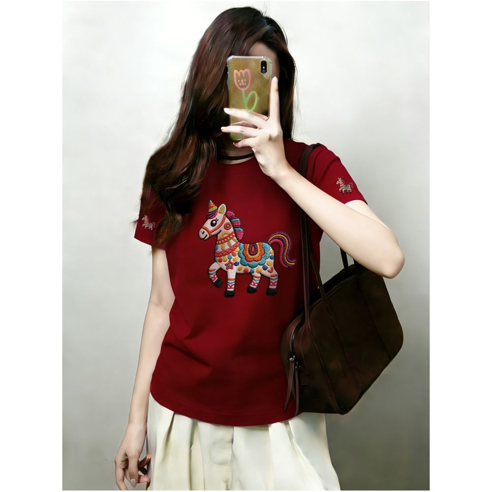 Large size women s 2026 summer new item belly covering round neck fat mm slimming New Year s red pony shoulder short sleeved t shirt image 4