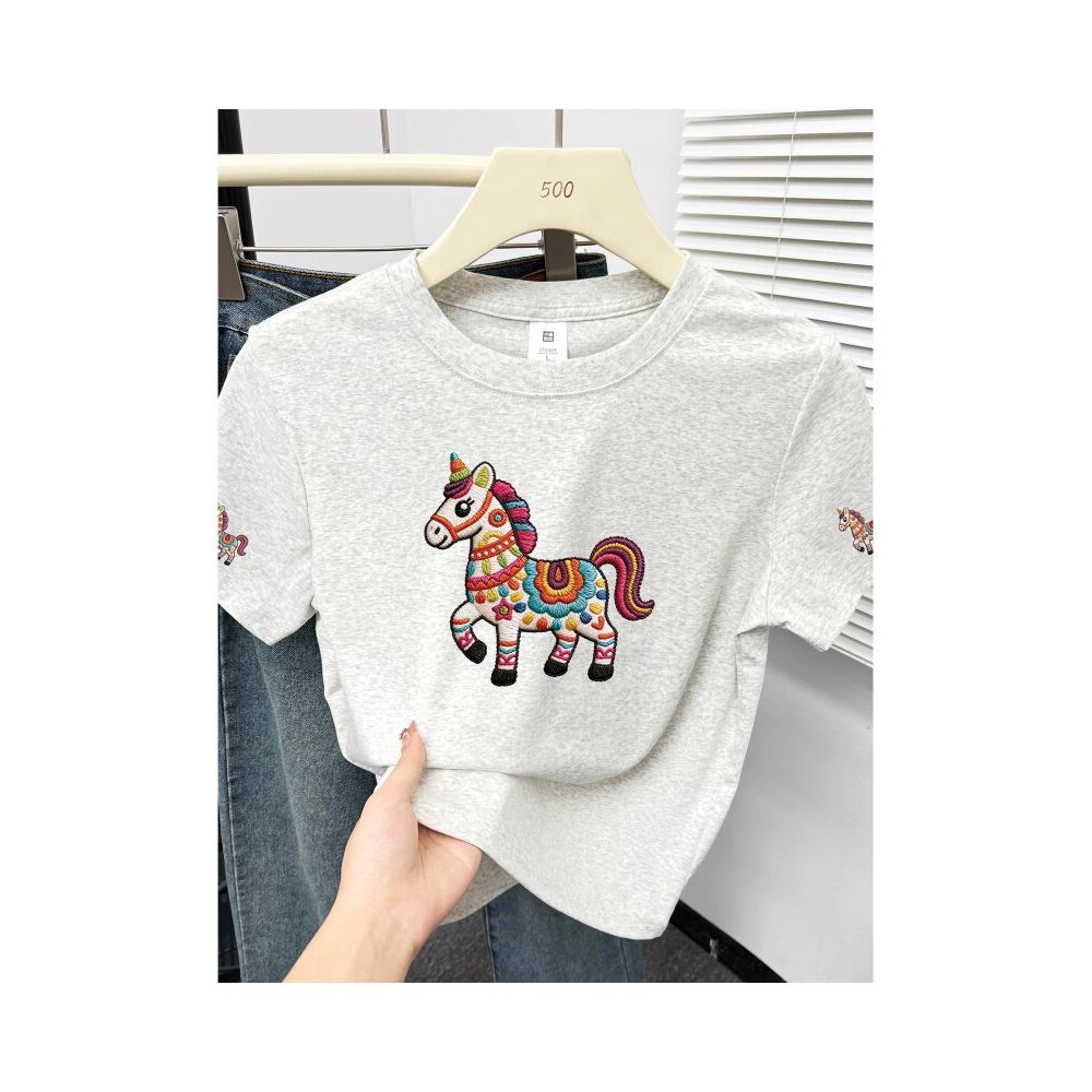 Large size women  summer new item belly covering round neck fat mm slimming New Year s red pony shoulder short sleeved t shirt