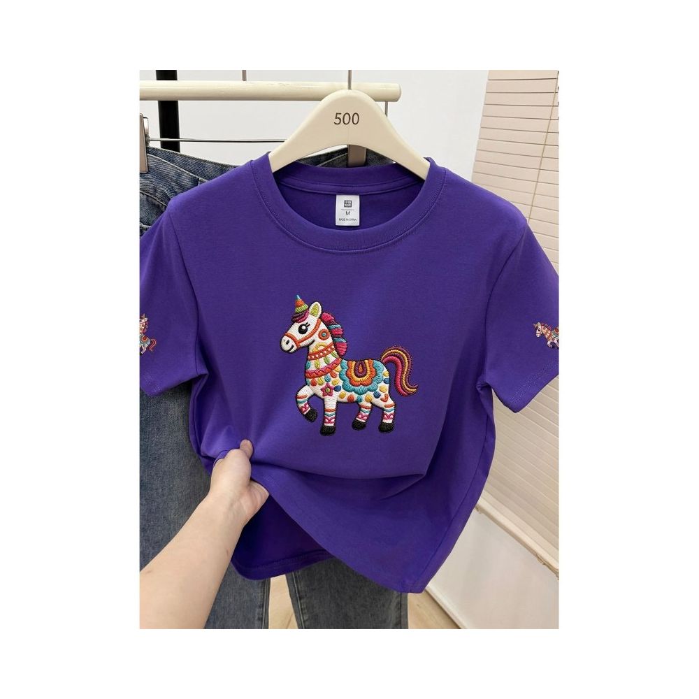 Large size women  summer new item belly covering round neck fat mm slimming New Year s red pony shoulder short sleeved t shirt