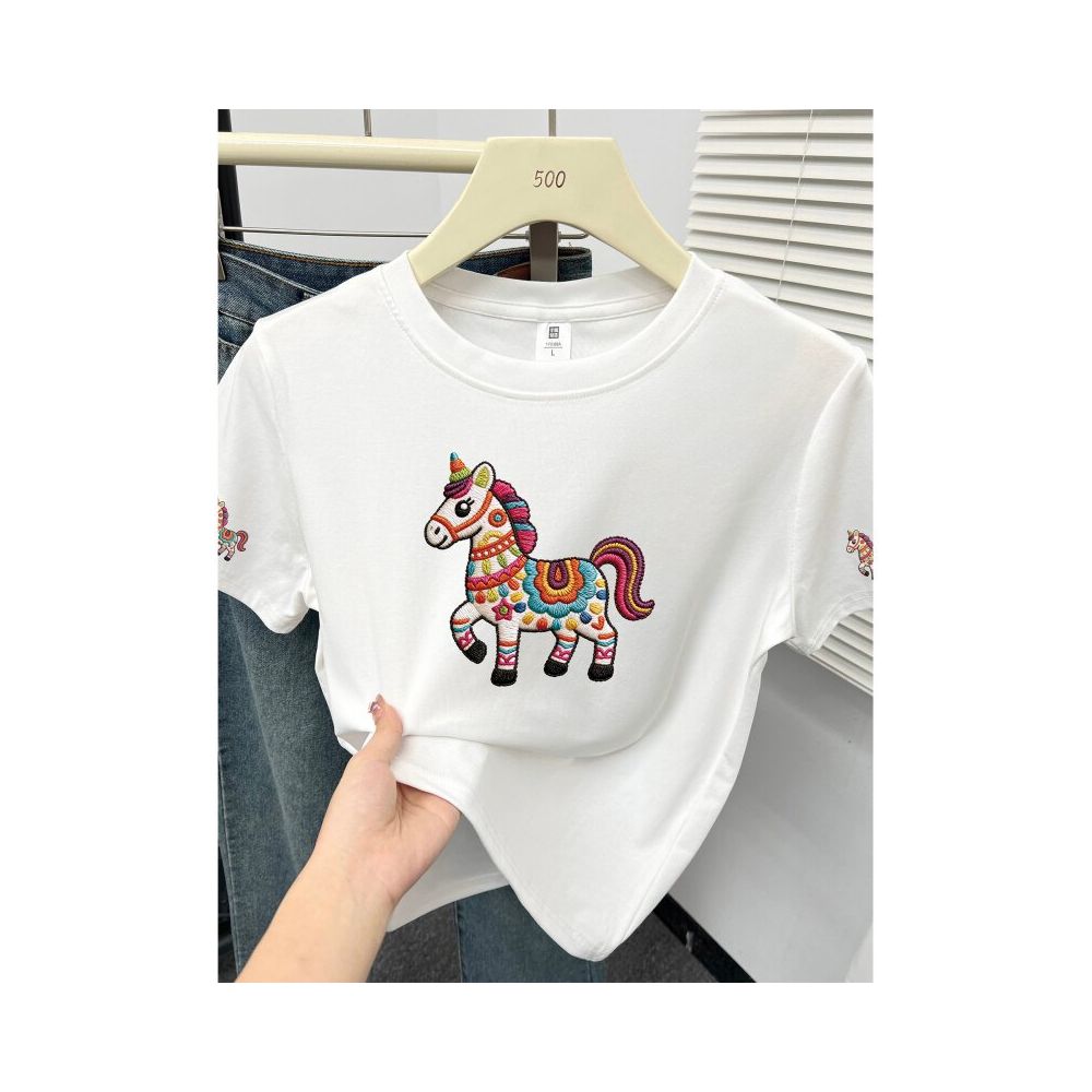 Large size women  summer new item belly covering round neck fat mm slimming New Year s red pony shoulder short sleeved t shirt