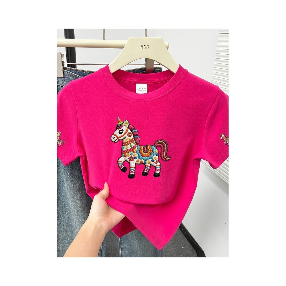 Large size women  summer new item belly covering round neck fat mm slimming New Year s red pony shoulder short sleeved t shirt