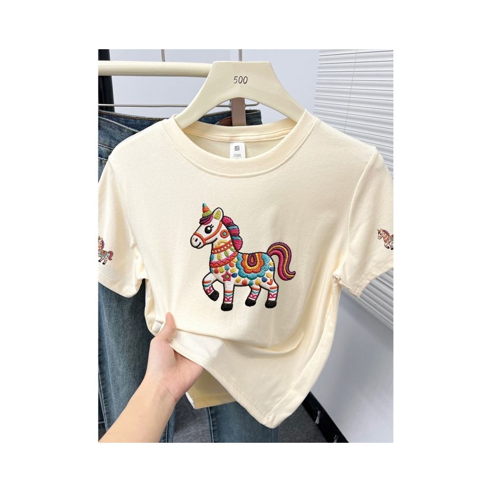 Large size women  summer new item belly covering round neck fat mm slimming New Year s red pony shoulder short sleeved t shirt