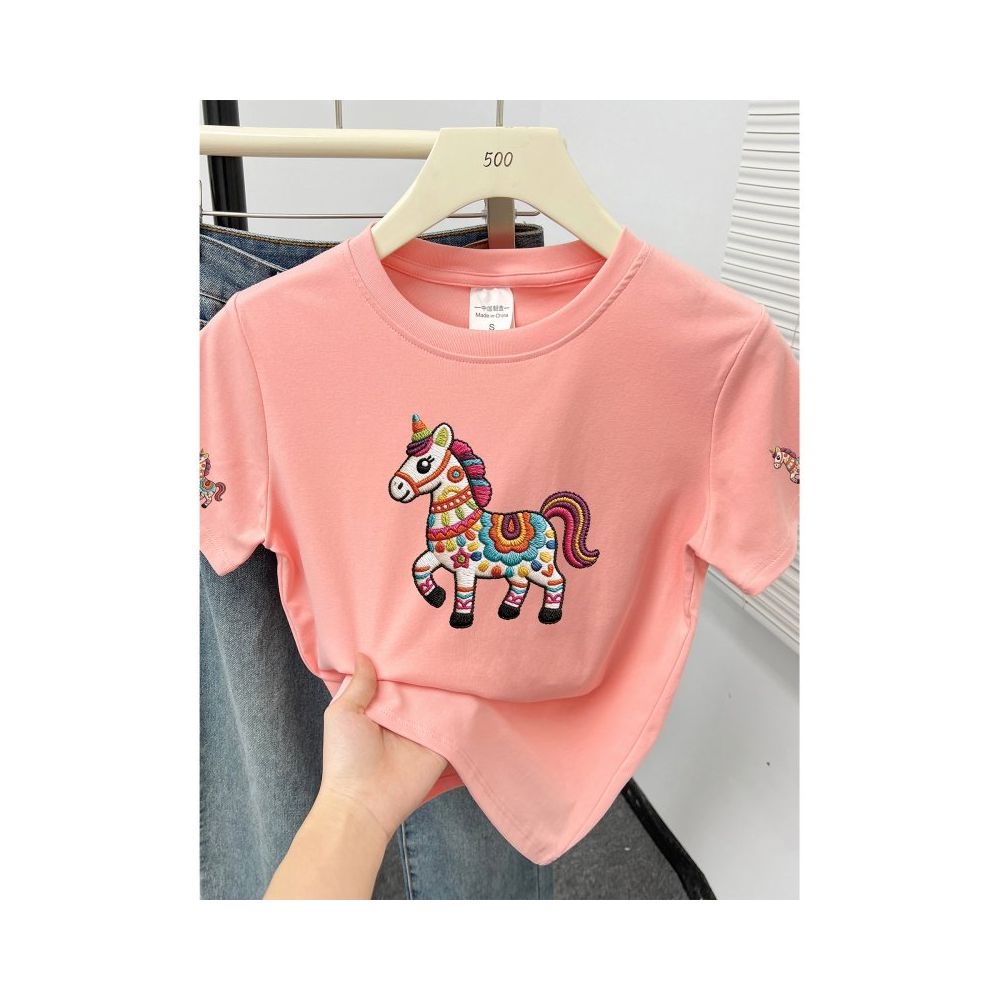 Large size women  summer new item belly covering round neck fat mm slimming New Year s red pony shoulder short sleeved t shirt