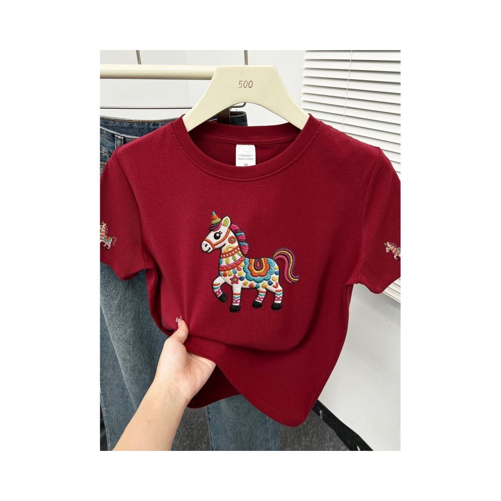 Large size women  summer new item belly covering round neck fat mm slimming New Year s red pony shoulder short sleeved t shirt