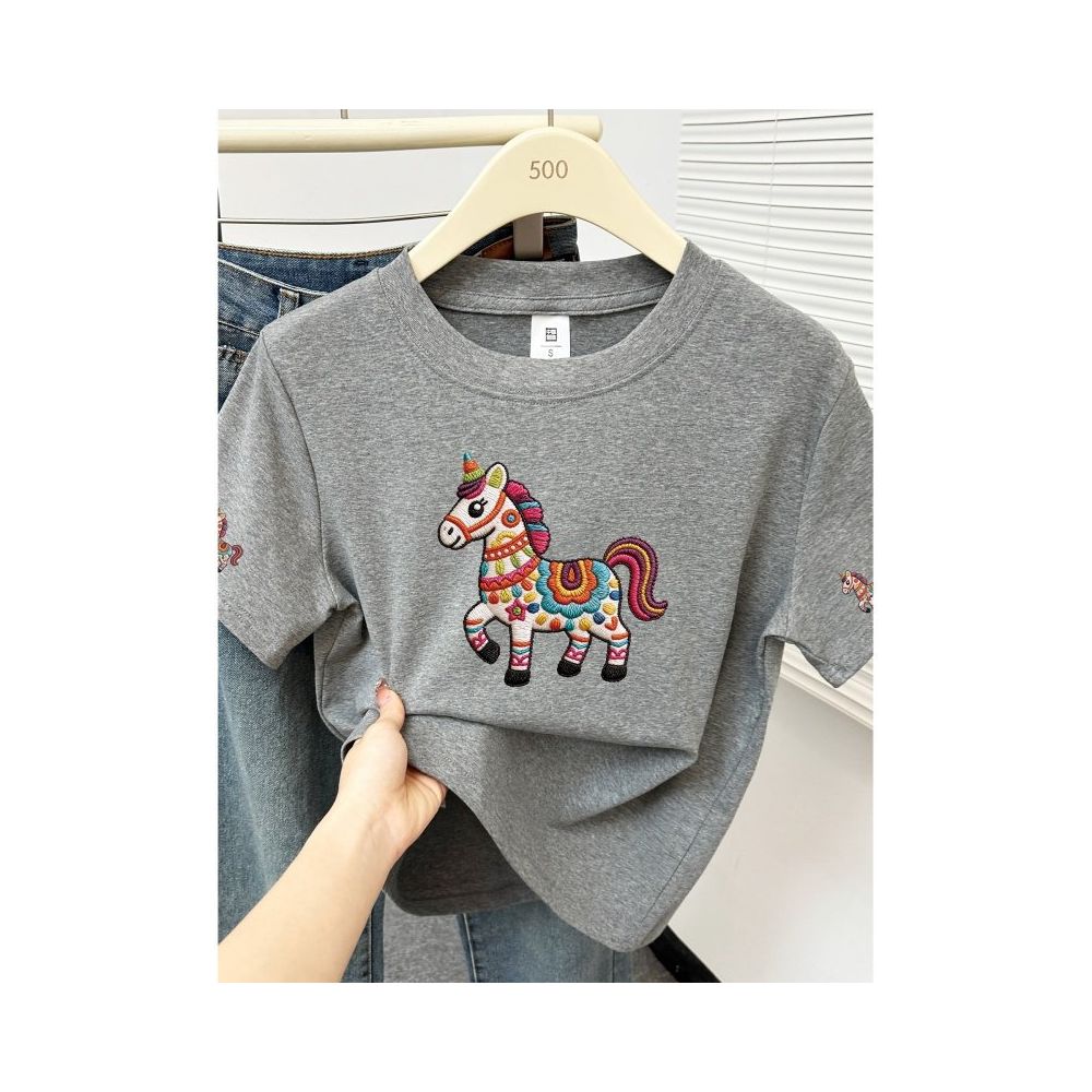 Large size women  summer new item belly covering round neck fat mm slimming New Year s red pony shoulder short sleeved t shirt